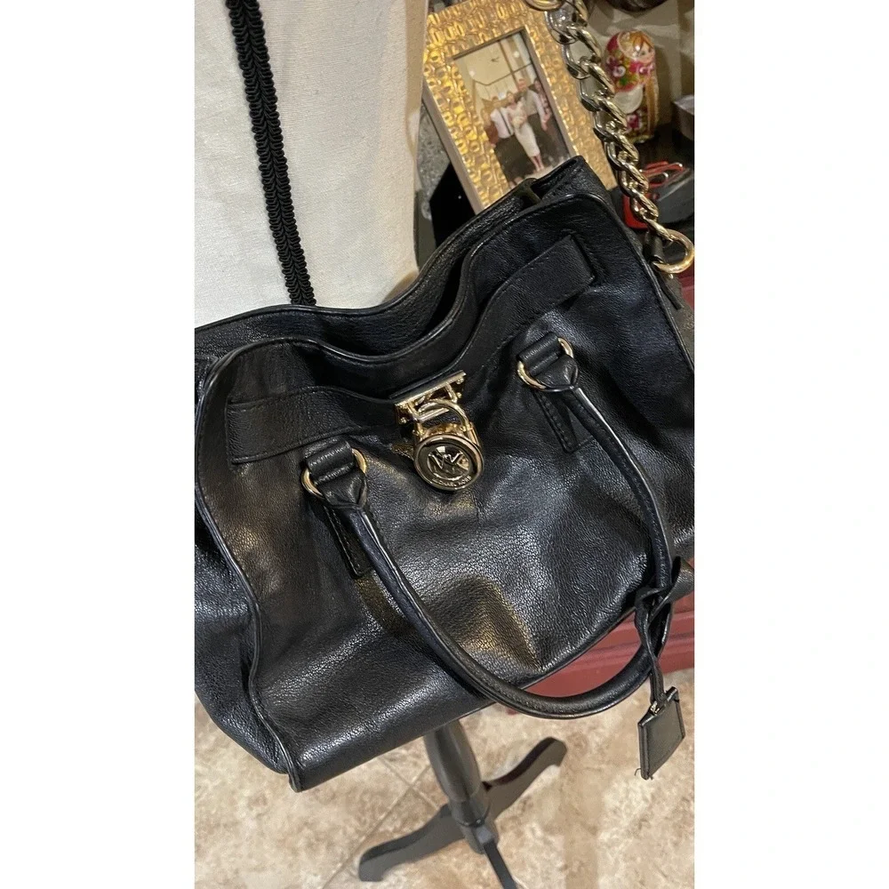 Michael Kors Hamilton Black Leather Satchel Tote‎ Chain Shoulder Bag Gold